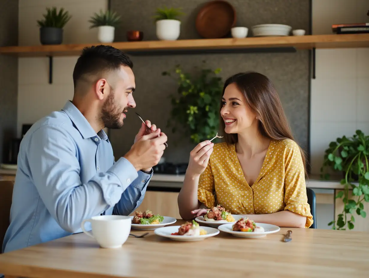 Man and woman eating together
