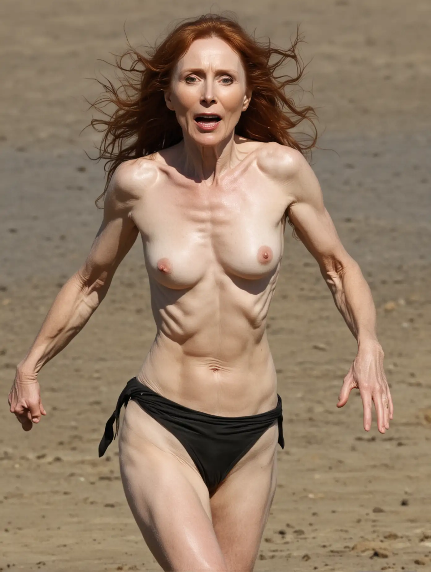 Gates McFadden, topless, sprinting, exhausted