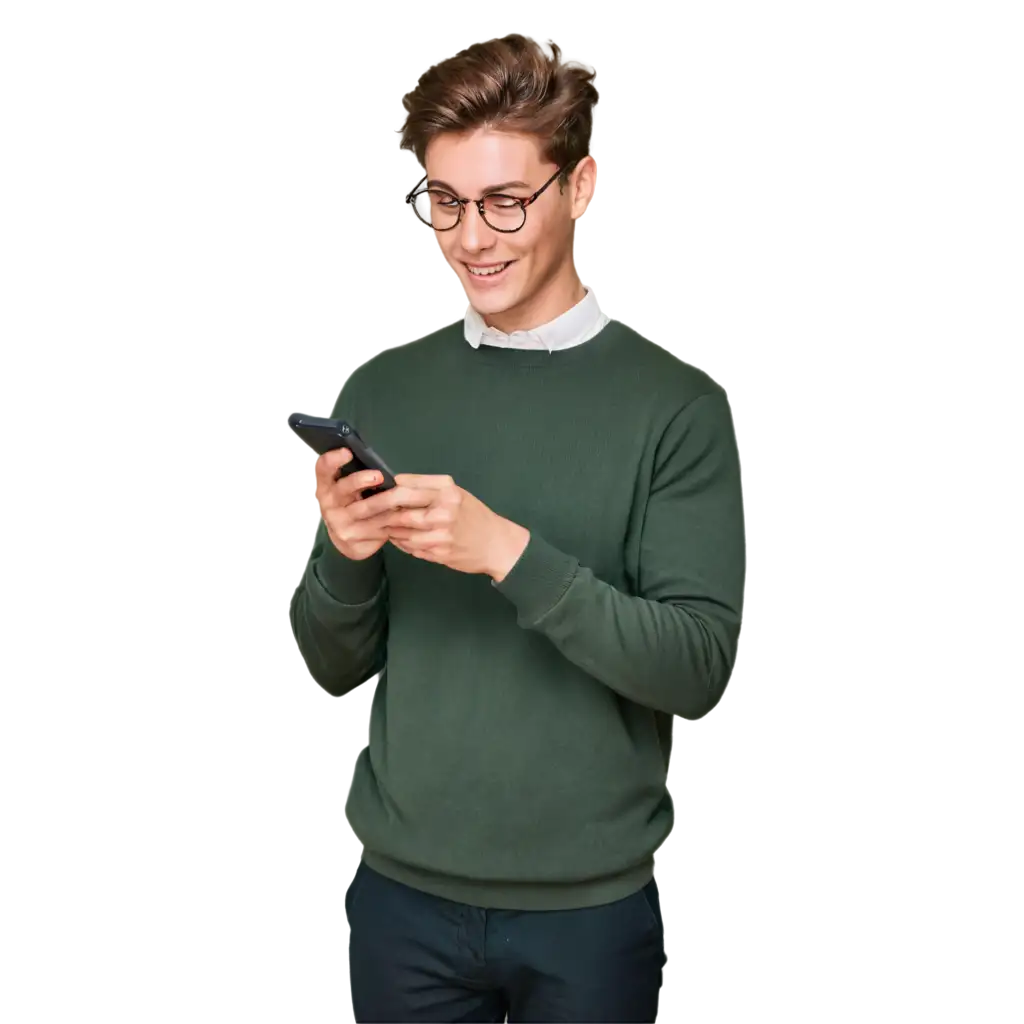 University-Student-Smiles-at-Phone-PNG-Image-Depicting-Joy-of-Discovering-a-New-App