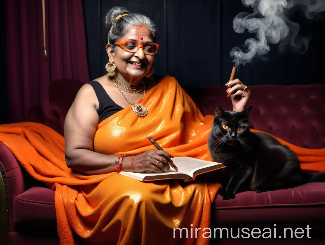 Elegant Indian Woman Enjoying Rain with Cigar and Book in Luxurious Palace