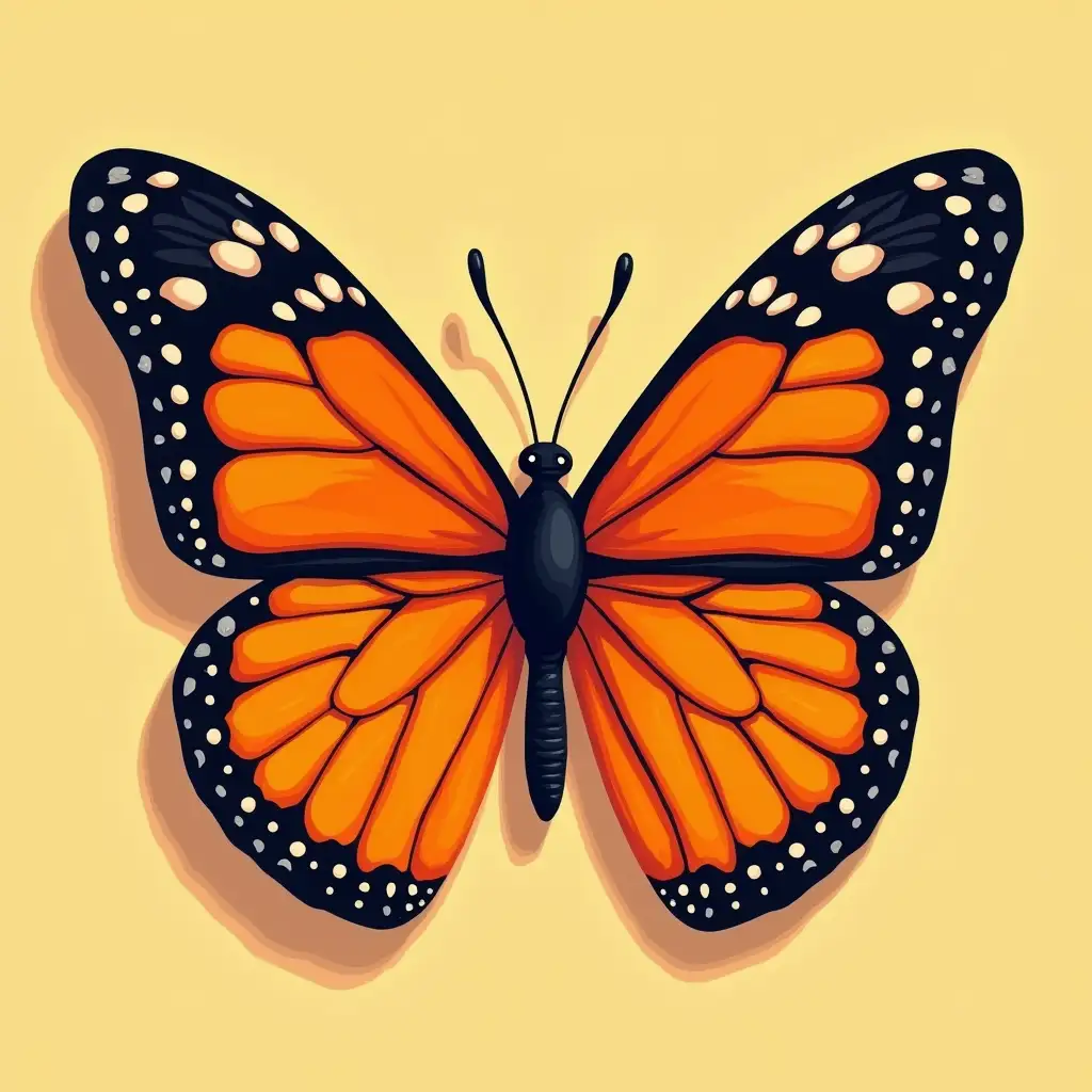 A colorful, stylized 2D ILLUSTRATION of a Monarch butterfly with bold orange and black wings, spread wide. The details include intricate vein patterns and soft shading. The background is a should be plain color