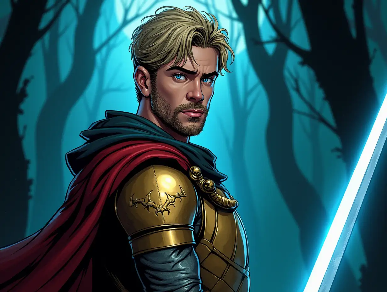 comic {[Elevated, Close-up, POV] [Background: enchanted haunted forest] [Lighting: dim moonlight, darkened skyline] [Focus: man with sword drawn, sword pointing forward] a very sexy and handsome warrior, age of 28, blue eyes, short blonde hair, slight beard, gold armored, (holding a glowing magical sword in his hand), detailed face, photography, epic, cinematic, professional photography, Perfect Detailed Eyes, Detailed skin, ((Full shot)), (Full-length portrait)} . graphic illustration, comic art, graphic novel art, vibrant, highly detailed