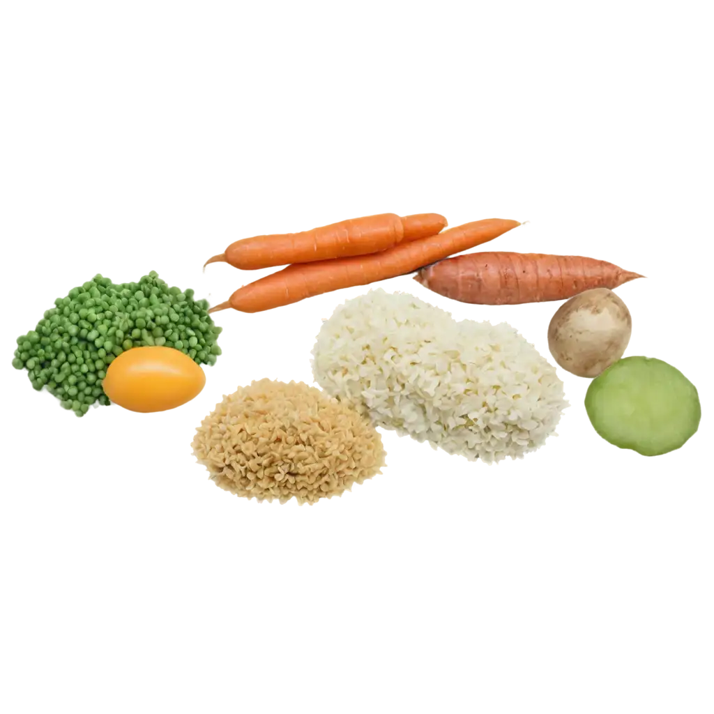 create a png image of a carrot potato and a peas and Ground eggshell brown rice chicken liver Ground eggshell