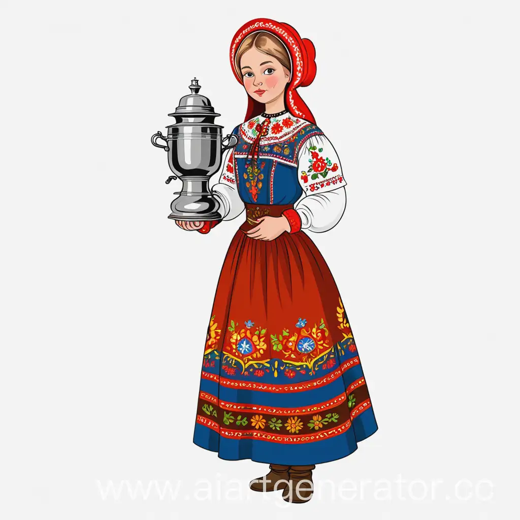 vector illustration of a girl in a Russian folk costume with a samovar in her hands, full-length without background