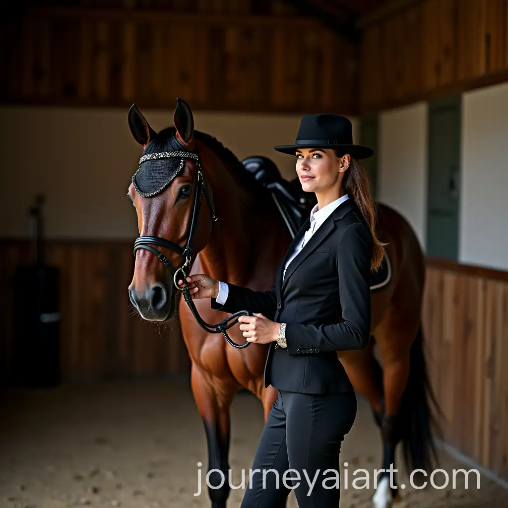 Slender-Woman-in-Horse-Jumping-Attire-Holding-Reins-of-Oldenburg-Horse-in-Posh-Barn