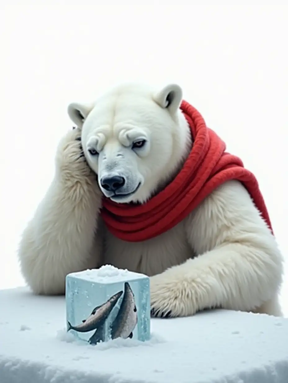 A photograph of a huge polar bear with snow-white fur sitting at a table. The bear is wearing a bright red scarf. The bear is crying. On the table in front of the bear is a huge transparent ice cube with frozen fish. The bear is propping up his head with one paw and looking sadly at the table. The polar bear has a very sad expression on his face, with envy and boredom in his eyes. The whole scene conveys a wintery, melancholic mood. White background.