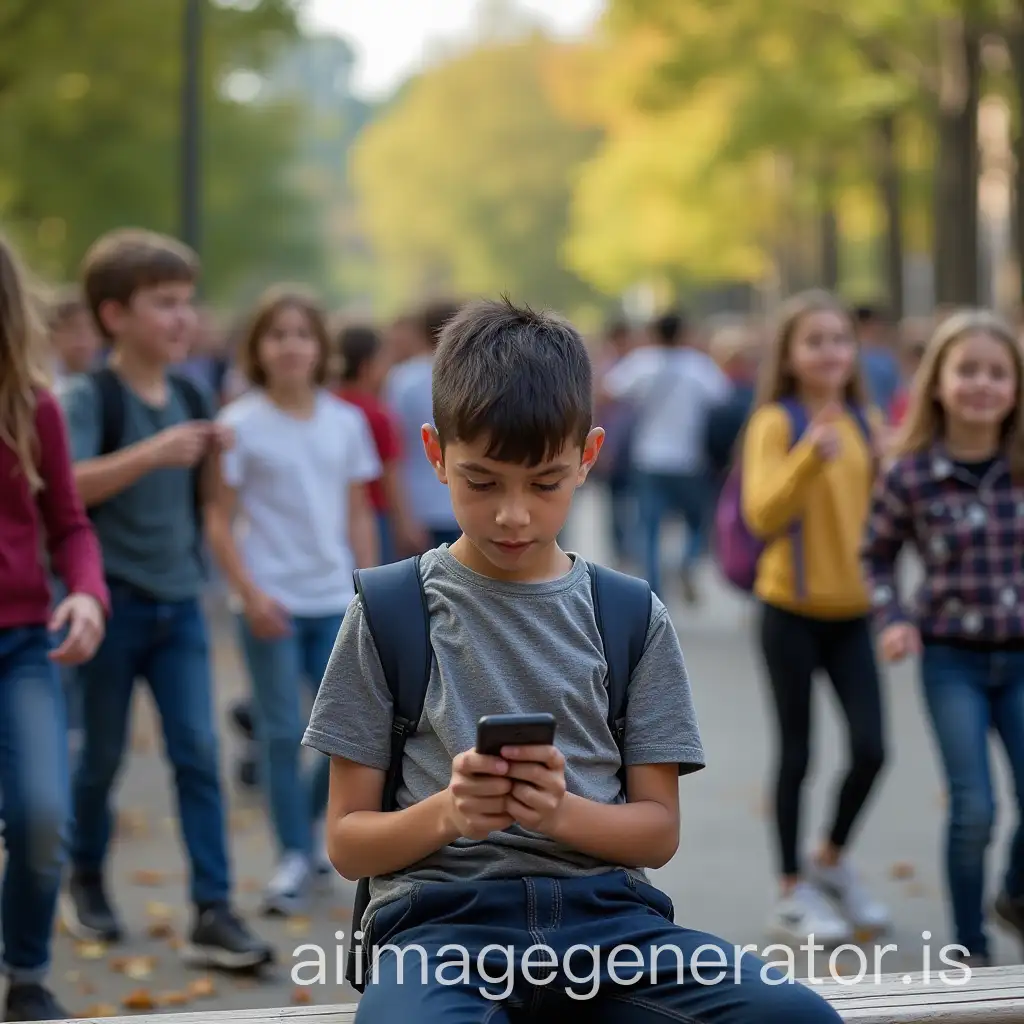 Young-Student-Tapping-on-Smartphone-in-Crowded-Playground-Surrounded-by-Kids-Playing-Tag