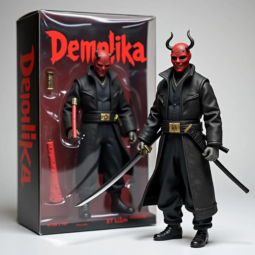 Create a posable action figure set based on the character in the photo, keeping their distinct features. The set includes one figure modeled after the photo’s character, along with [hannya mask, katana]. The packaging box is titled [Demonika] in bold text
