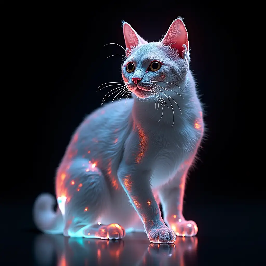 A cat made of very transparent crystal (with emphasis on the lush fur and sharp crystalline edges), refracting extremely bright and colorful rays on a black background. Science fiction photorealistic style.