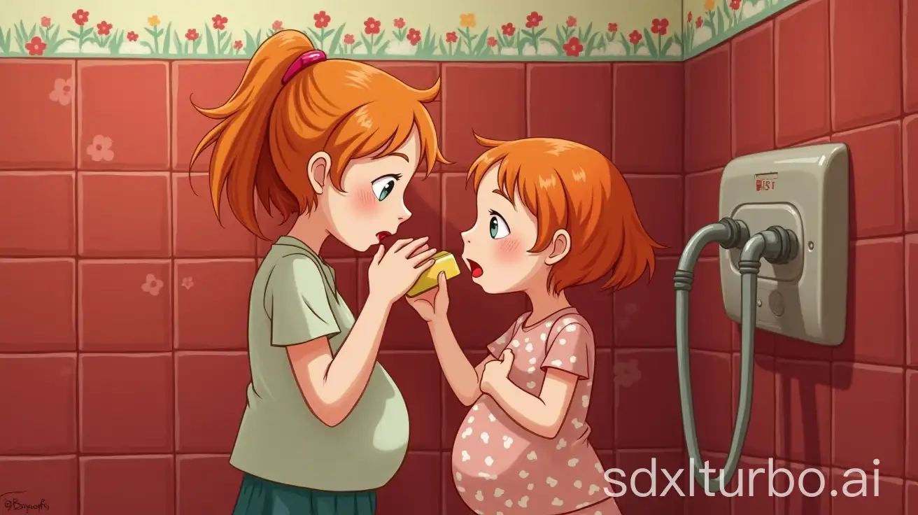 Two Adorable-Pregnant-redhead-Girl-at-Preschool-shower stall red flower tile standing licking soap bar deep