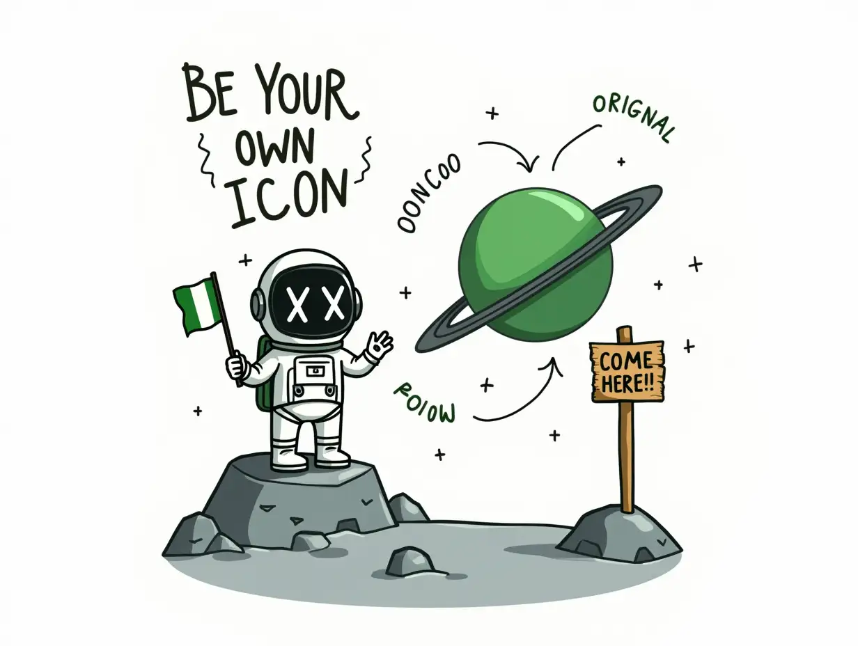 Cartoon-Astronaut-Holding-Nigeria-Flag-with-Text-Be-Your-Own-Icon-and-Green-Planet-Background