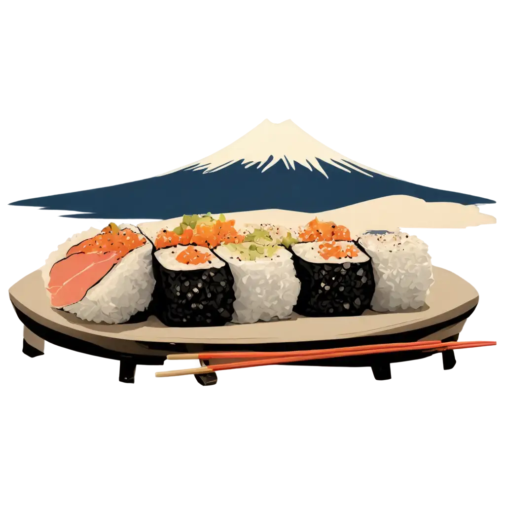 Ukiyoe-Style-Tuna-Nigiri-Sushi-PNG-Image-with-Mount-Fuji-Background-HighQuality-Visual-for-Artistic-and-Culinary-Projects