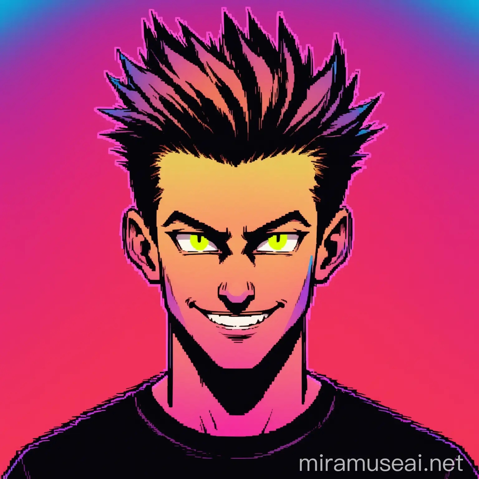 Handsome Hacker with Aggressive Smile in Neon Gradient Background