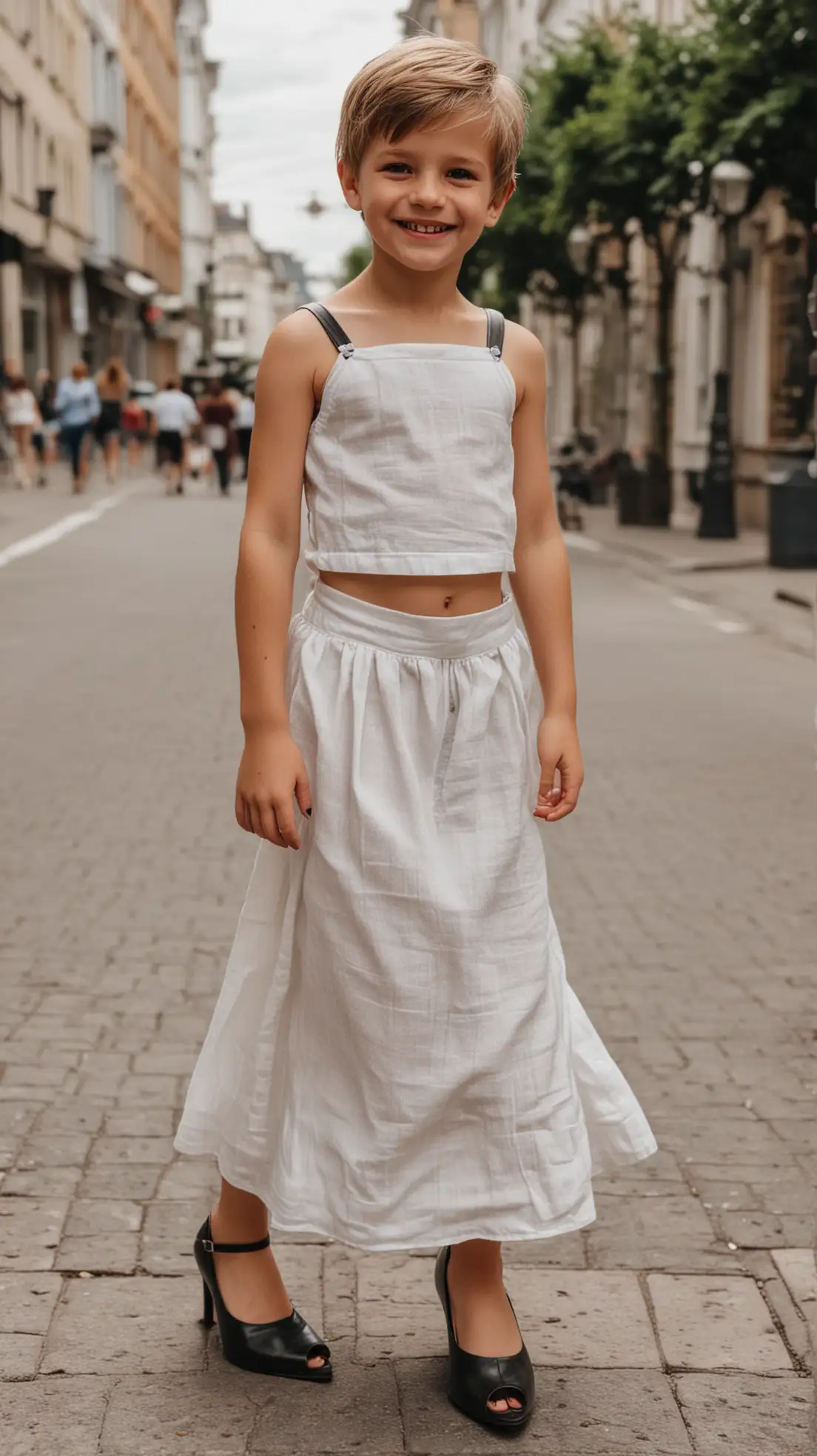 European-Boy-in-White-Linen-Outfit-with-Black-Stiletto-Heels-Smiling-in-the-City