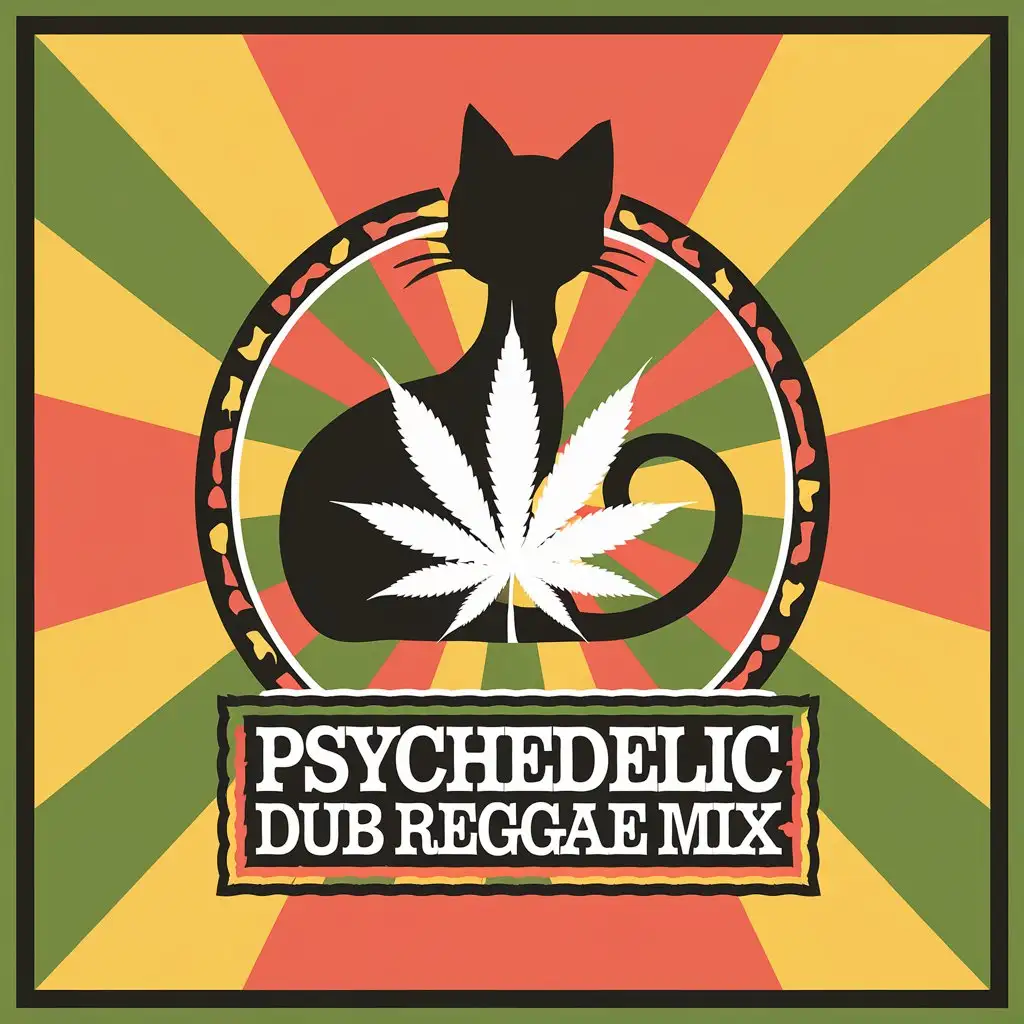 LOGO Design for Psychedelic Dub Reggae Mix Black Cat Silhouette with Marijuana and Rasta Color Psychedelic Pattern