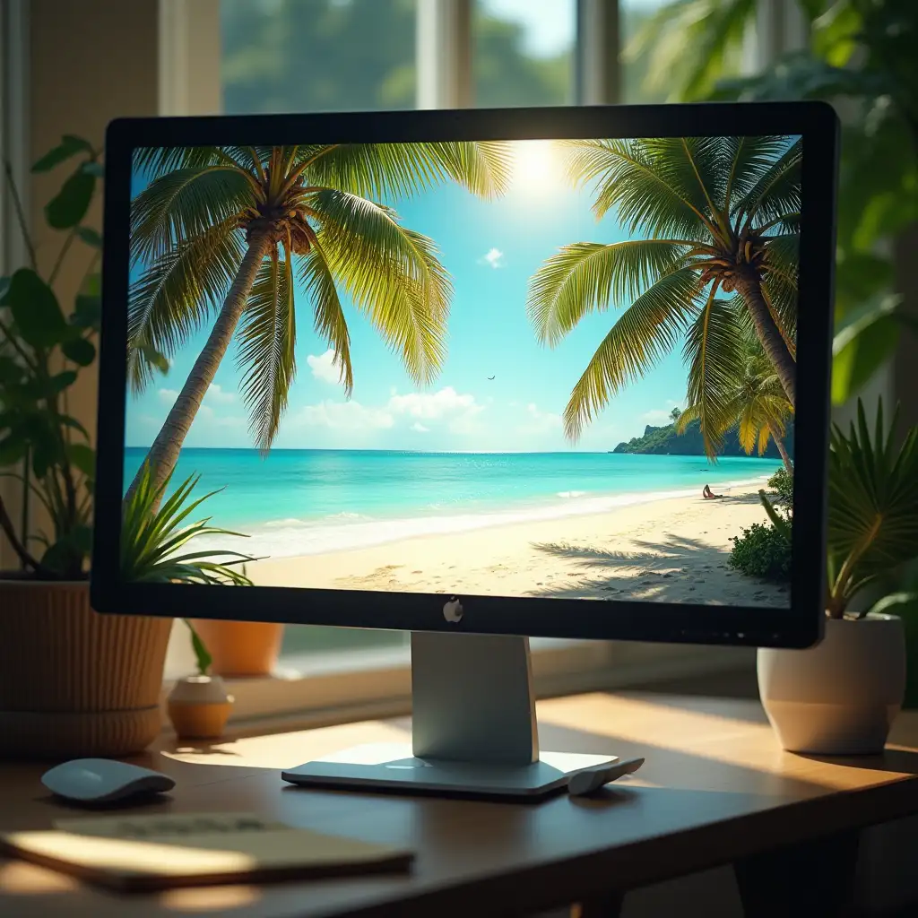 Tropical-Beach-Scene-Emerging-from-Computer-Screen-with-Sunlight-and-Palm-Trees