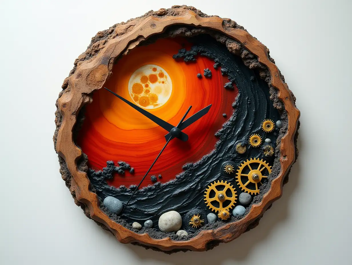 Resin harz wall clock with wood,stones  Water with gears,orange black,red gilded