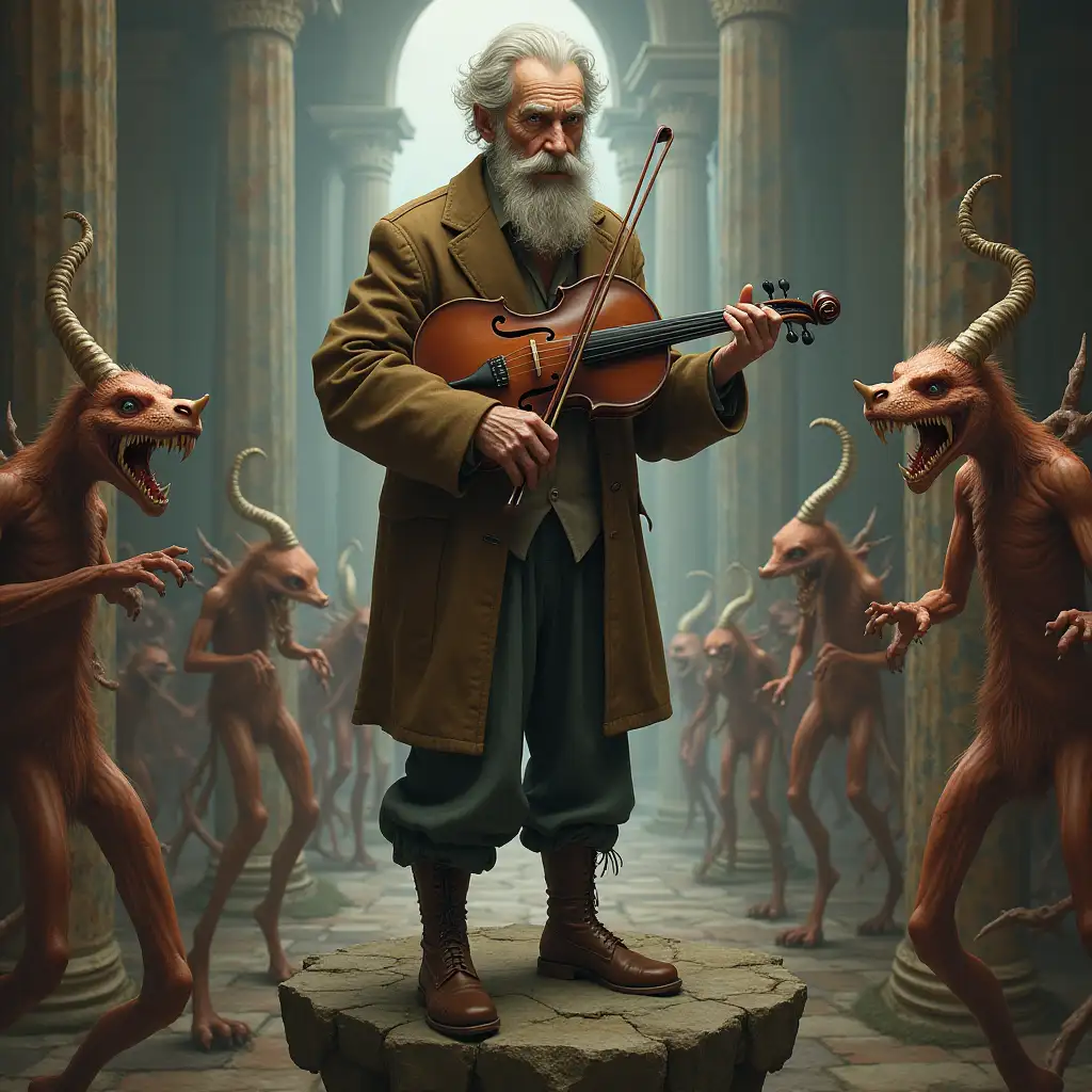 ultradetailed hyperrealistic portrait of a thin 90 year old man with brown hair, holding a pipe and violin, standing on a table on a rock in a palace with various strange beings with intricate, colorful details