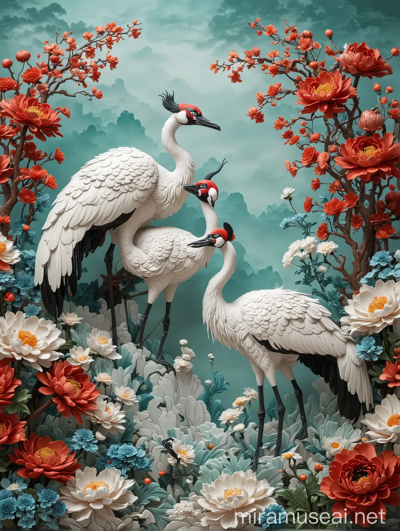 RedCrowned Cranes amidst Peony and Chrysanthemum in Jade Carving Style