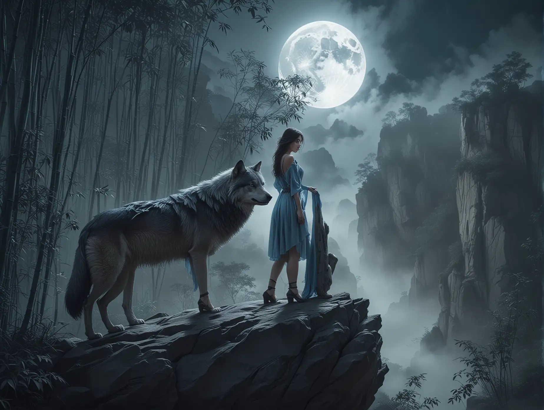 Beautiful-Girl-and-Blue-Wolf-Protecting-Each-Other-Under-Full-Moon-in-Bamboo-Forest