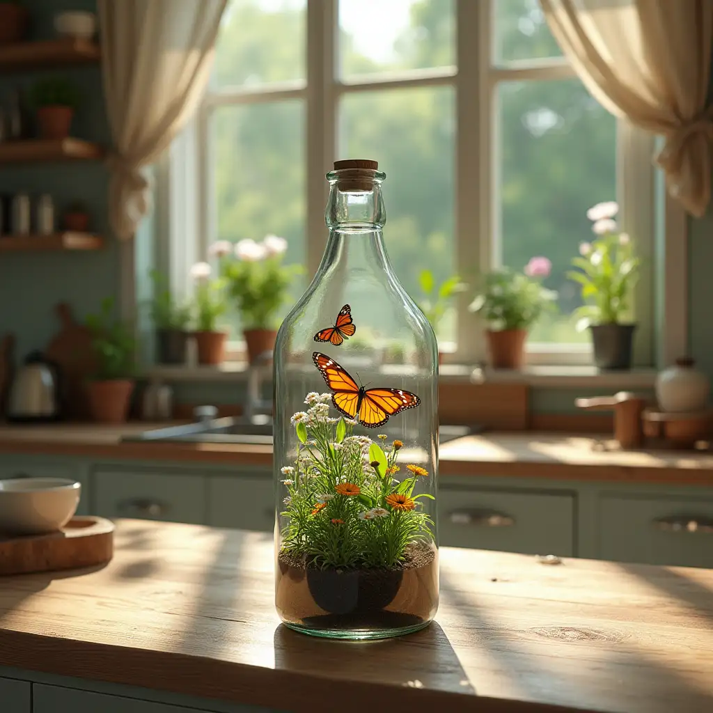 In a beautiful kitchen. There is a large glass bottle. Inside has a beautiful garden with butterflies