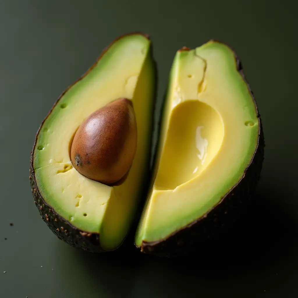 create an avocado split into 2 parts. the photo should be cinematic