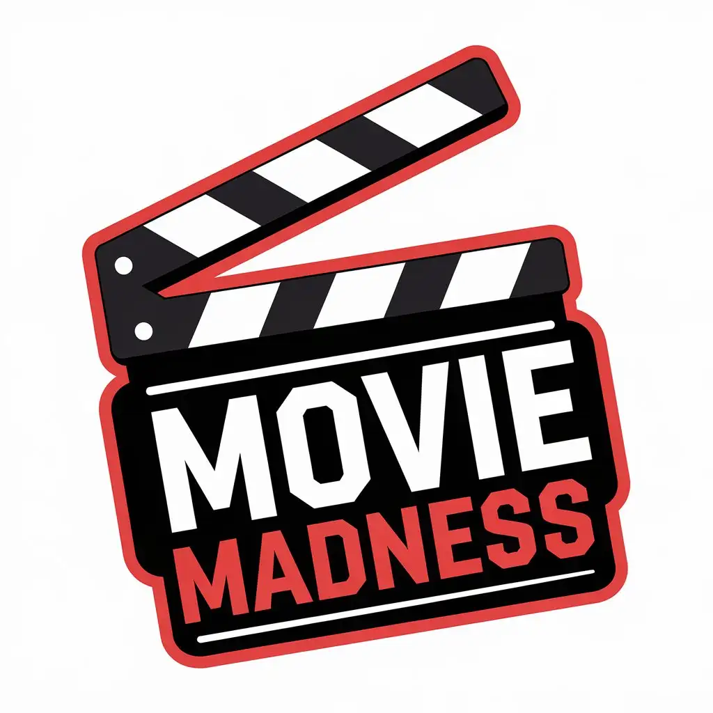 LOGO Design for Movie Madness Clapperboard Symbol with Red White and Black Colors for Entertainment Industry