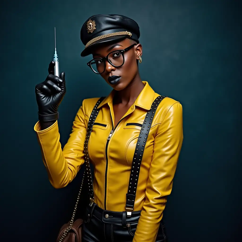 Angry-African-Woman-in-Yellow-Leather-Motorcycle-Jacket-Holding-Injection-Needle