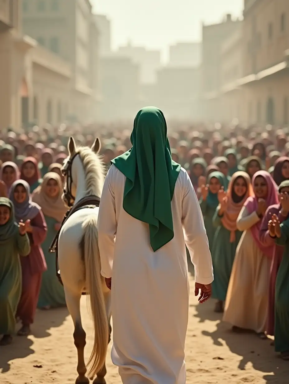 A man in white Arabic clothing, wearing a green abaya and a green cloth on his head, with his back to the camera, is walking with a white horse with his back to the camera towards a large crowd of people, and people are running towards him with joy.