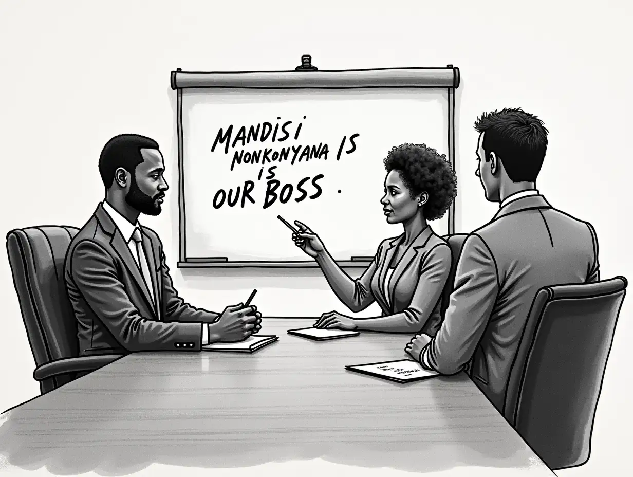 DRAW A BLACK MAN AND BLACK WOMAN SITTING IN THE BOARDROOM WITH ONE WHITE MAN DOING A PRESENTATION ON THE BOARD WRITTEN 'Mandisi Nonkonyana IS OUR BOSS' ATTENDING A MEETING