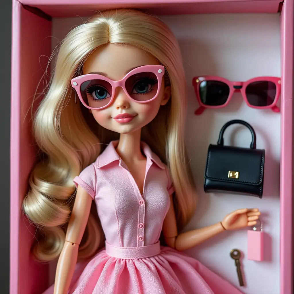 Create a doll according to the photo in a box named Ksenia with accessories of perfume, sunglasses, bag and key of bmw