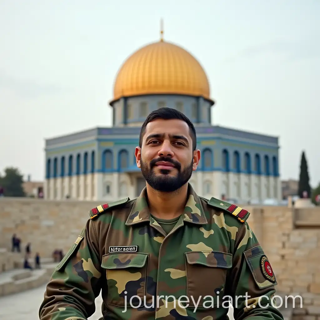 Iranian-Military-Soldier-in-Camouflage-Shirt-with-Dome-of-the-Rock-Background