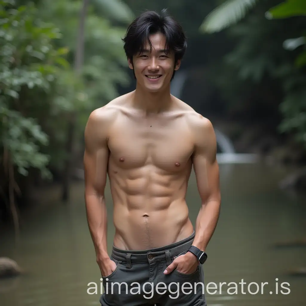 Young-Japanese-Man-with-Abs-by-Waterfall-in-Nature