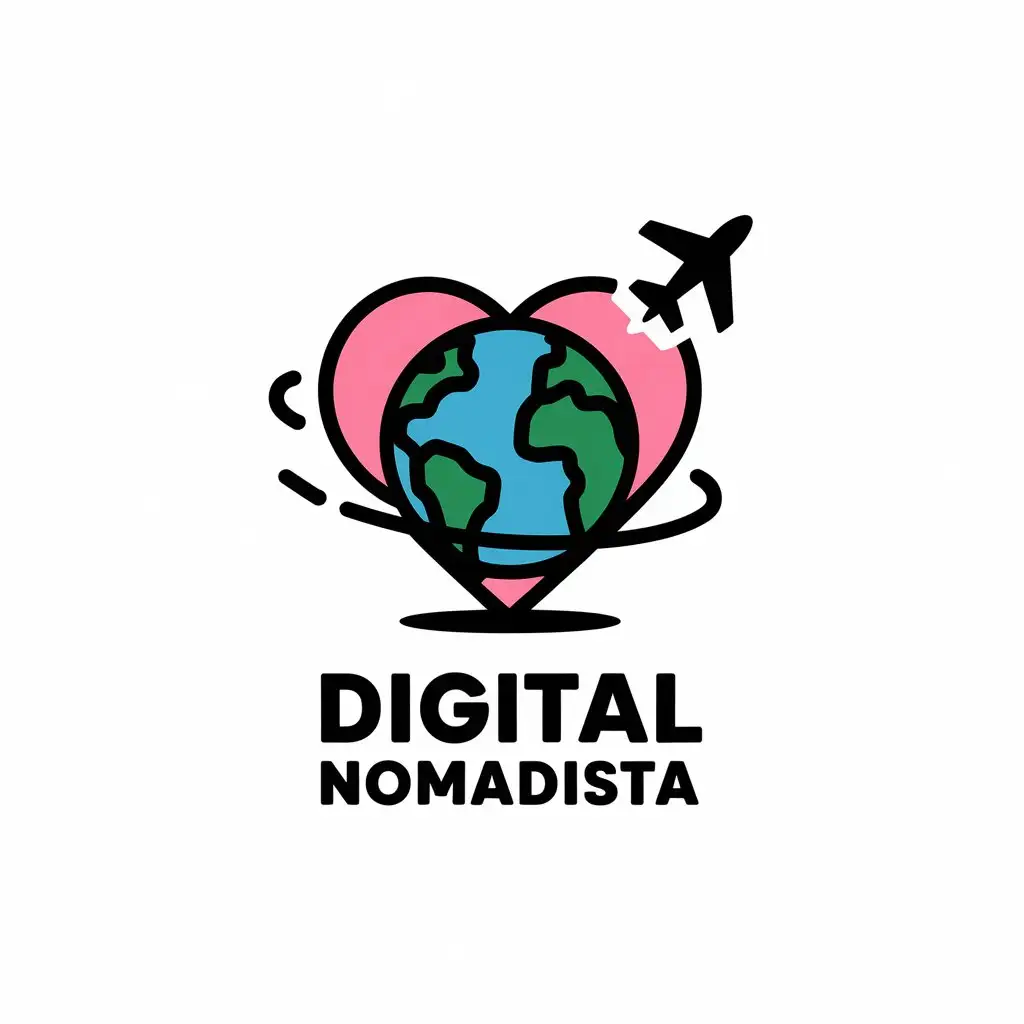 LOGO Design for Digital Nomadista Heart Pink Earth Airplane Symbol in Vector Art