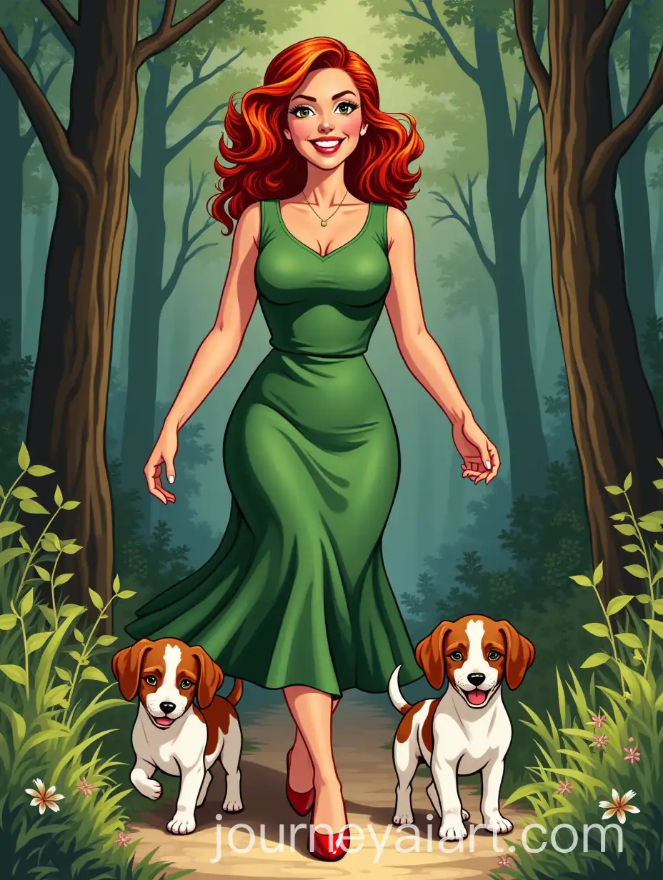 Beautiful-Woman-with-Red-Hair-Walking-Jack-Russell-Puppies-in-the-Woods-in-1960s-StyleManga-Style-Image-Prompt-Green-Dress