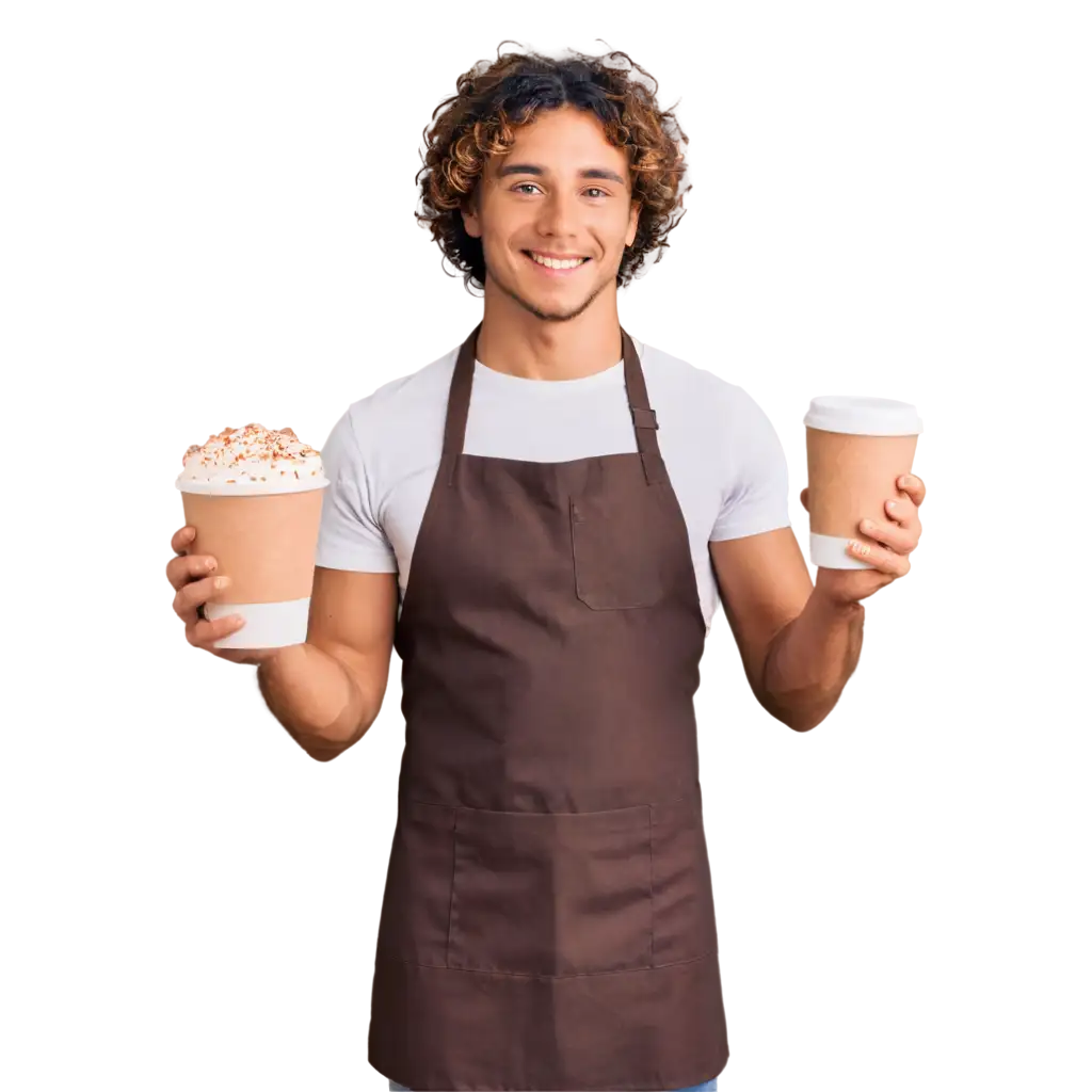 Curly-Haired-Barista-Guy-in-Apron-Offering-Fragrant-Cappuccino-PNG-Image-Smiling-Barista-with-Cappuccino