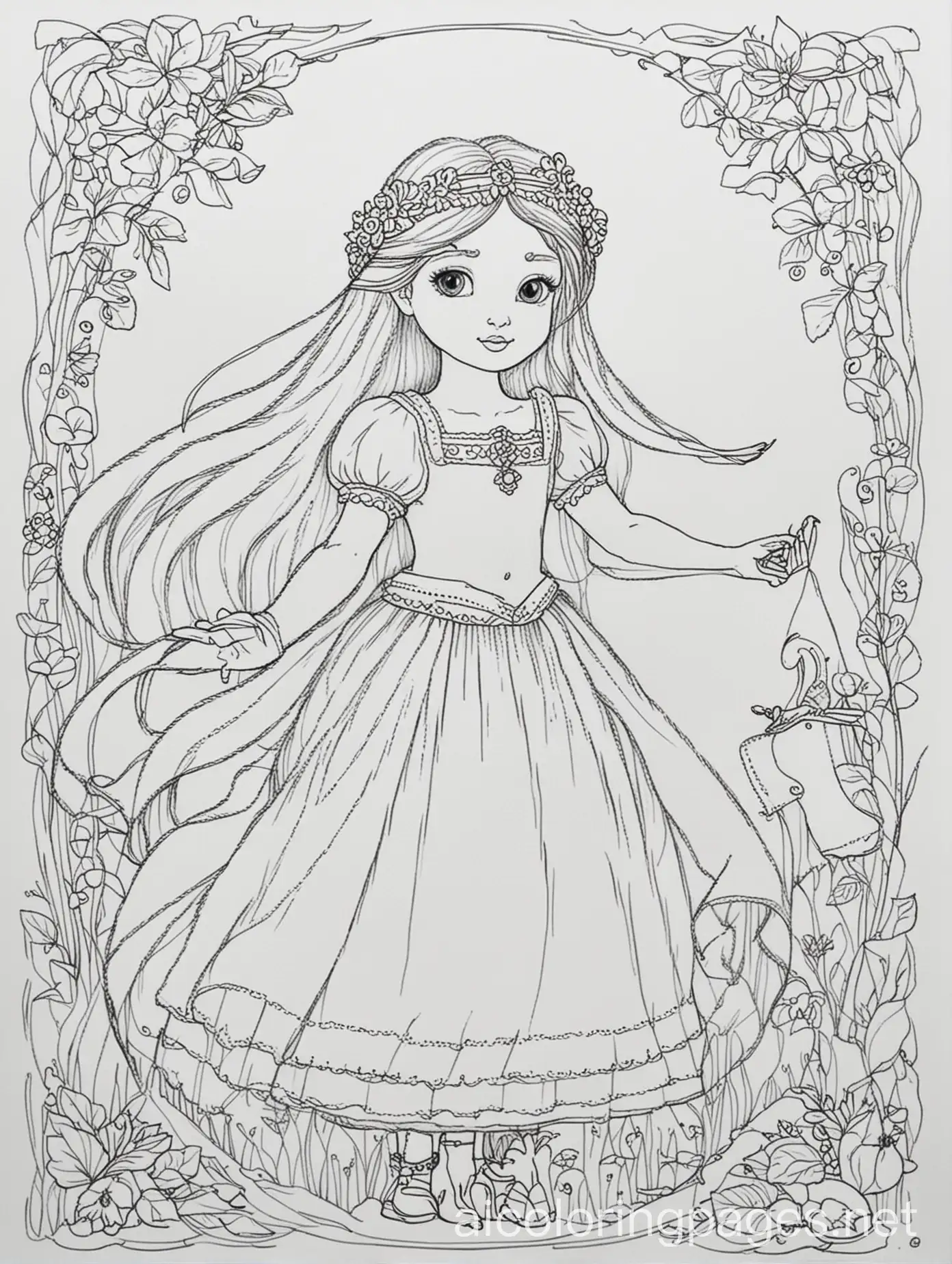 fairytale themed, Coloring Page, black and white, line art, white background, Simplicity, Ample White Space. The background of the coloring page is plain white to make it easy for young children to color within the lines. The outlines of all the subjects are easy to distinguish, making it simple for kids to color without too much difficulty, Coloring Page, black and white, line art, white background, Simplicity, Ample White Space. The background of the coloring page is plain white to make it easy for young children to color within the lines. The outlines of all the subjects are easy to distinguish, making it simple for kids to color without too much difficulty