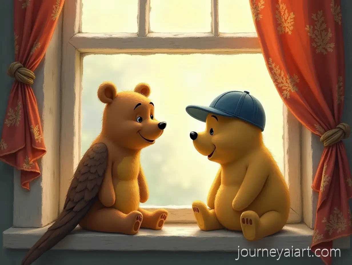 Cheeky-Sparrow-with-Cap-Talking-to-Pooh-on-Windowsill