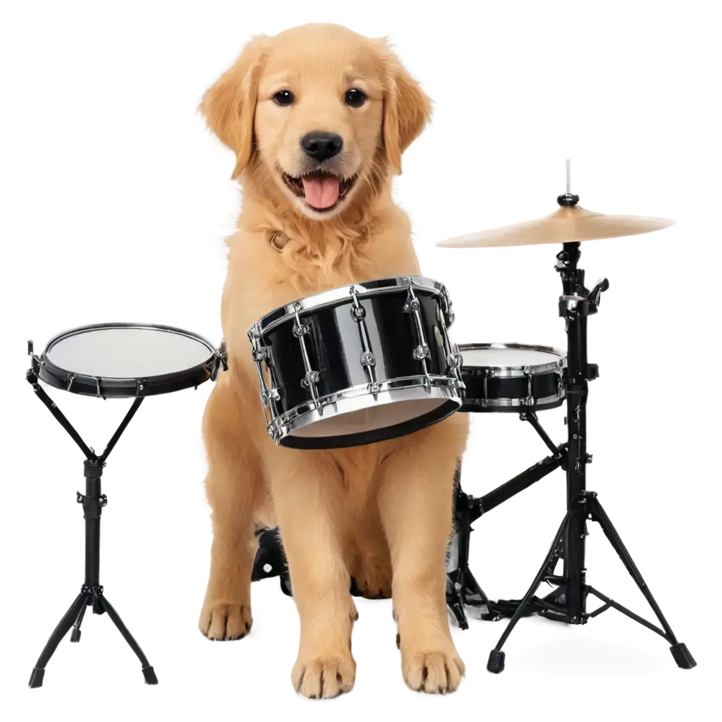 Adorable-Golden-Retriever-Puppy-Playing-the-Drums-PNG-Image-Joyful-and-Creative-Artwork