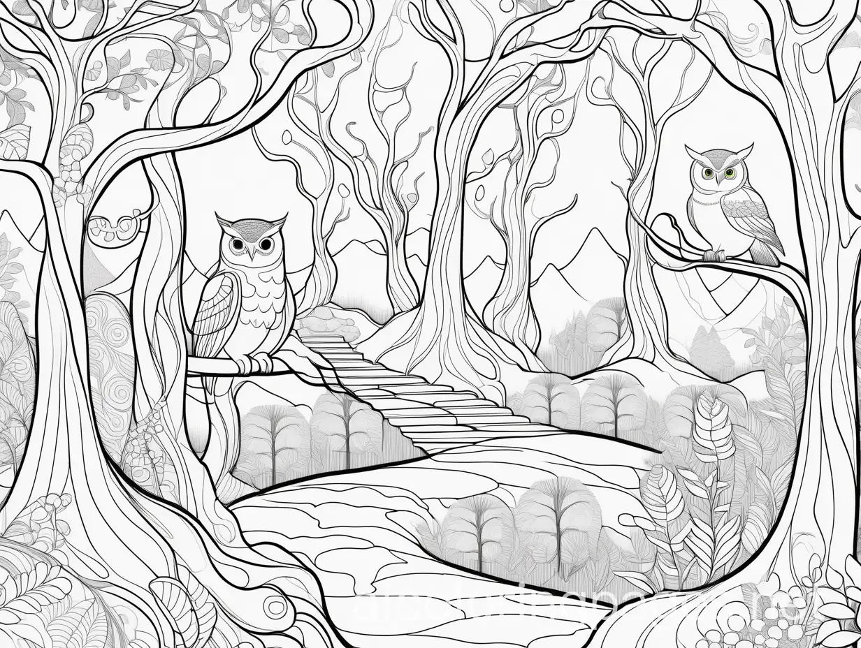 Enchanted forest with twisted trees, owls, and magical creatures, white background, basic lines, cartoon style, Coloring Page, black and white, line art, white background, Simplicity, Ample White Space. The background of the coloring page is plain white to make it easy for young children to color within the lines. The outlines of all the subjects are easy to distinguish, making it simple for kids to color without too much difficulty