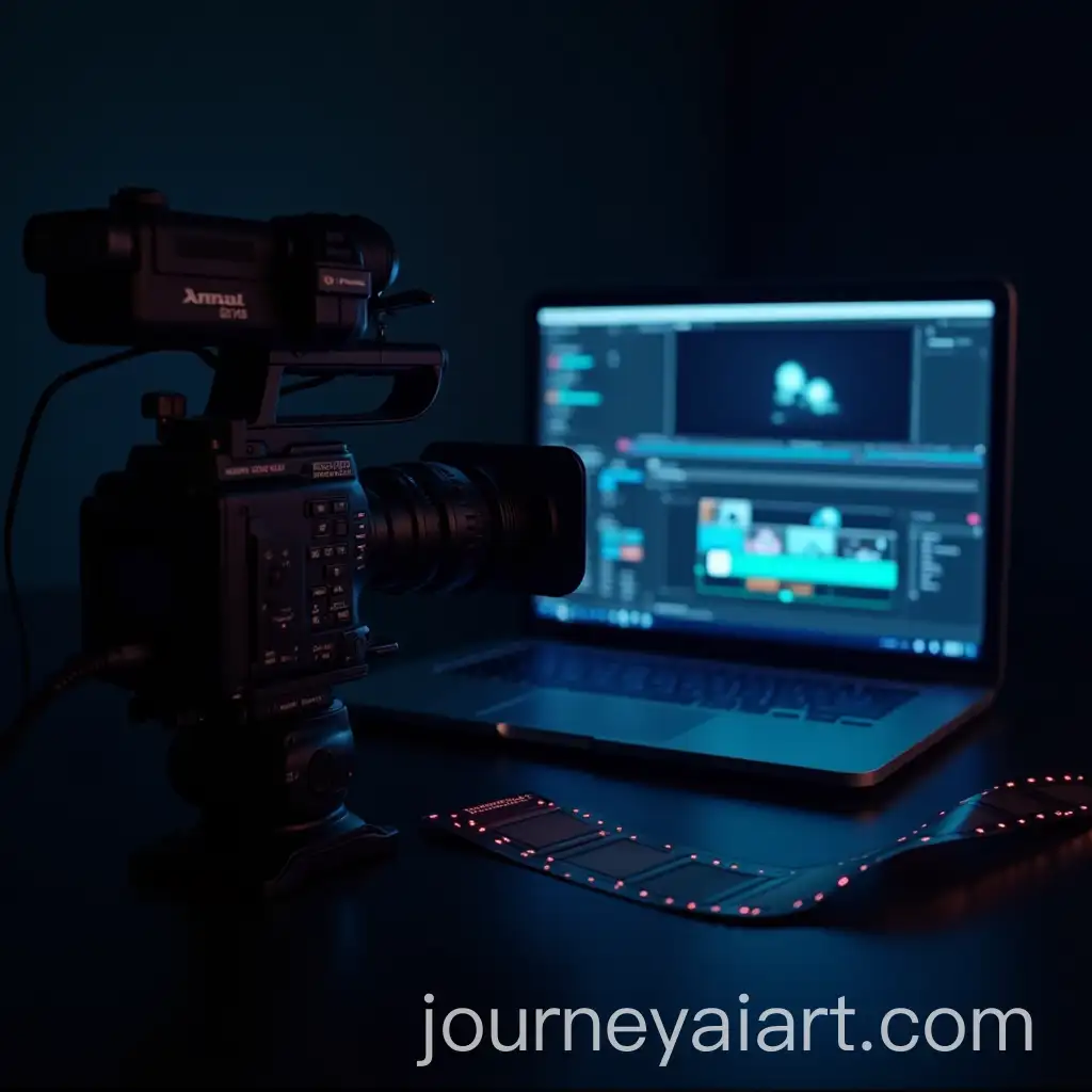 Professional-Video-Editing-Setup-with-Camera-Film-Strip-and-Laptop-Screen