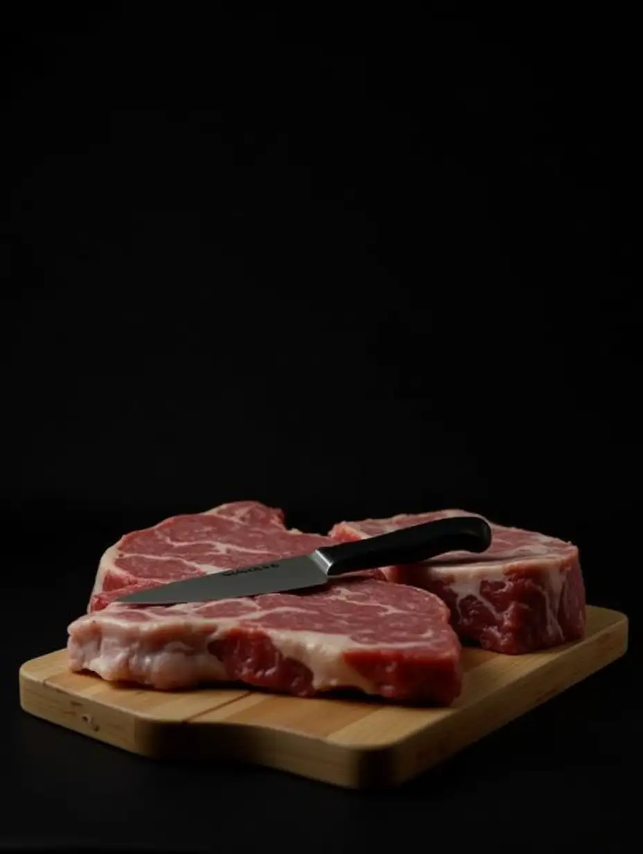 A black background nwith a wooden board in the foreground with several pieces of meat and a butcher's knife on it