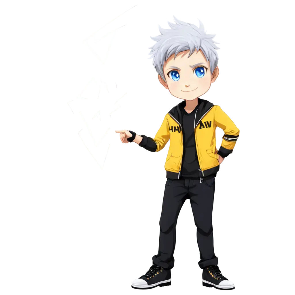 Chibi-Male-Character-PNG-with-GrayPNG-Image-Prompt-Analysis-Hair-Blue-Eyes-Yellow-and-Black-Jacket-Featuring-AV-and-Lightning-Design