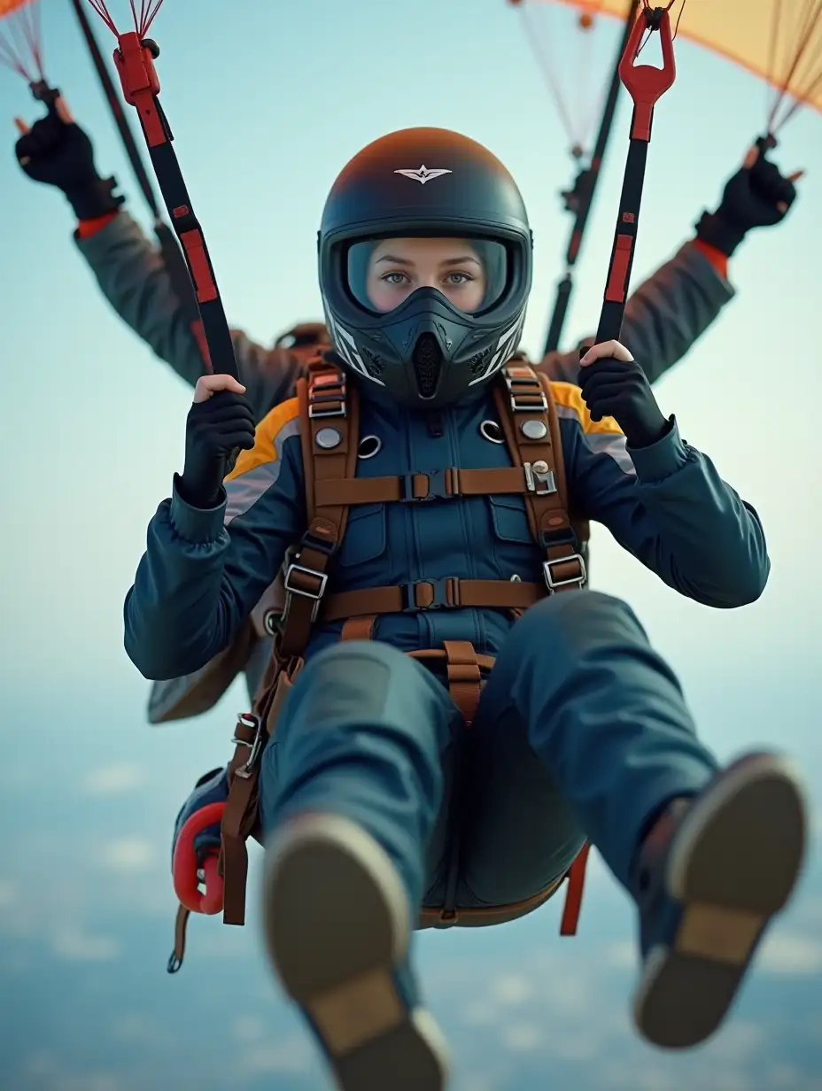 a 16 year old female masked paragliding cadet, in air, suspended on straps, fully covered, wearing a modern parachute suit with lots of harness, full motorcycle helmet with mask, gloves, attached equipment