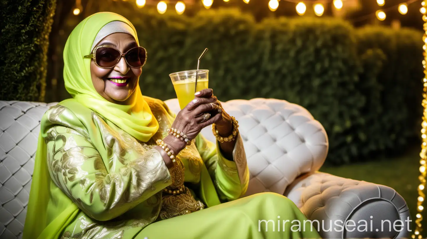 Elegant Muslim Woman Enjoying a Night Wedding with Cold Drink