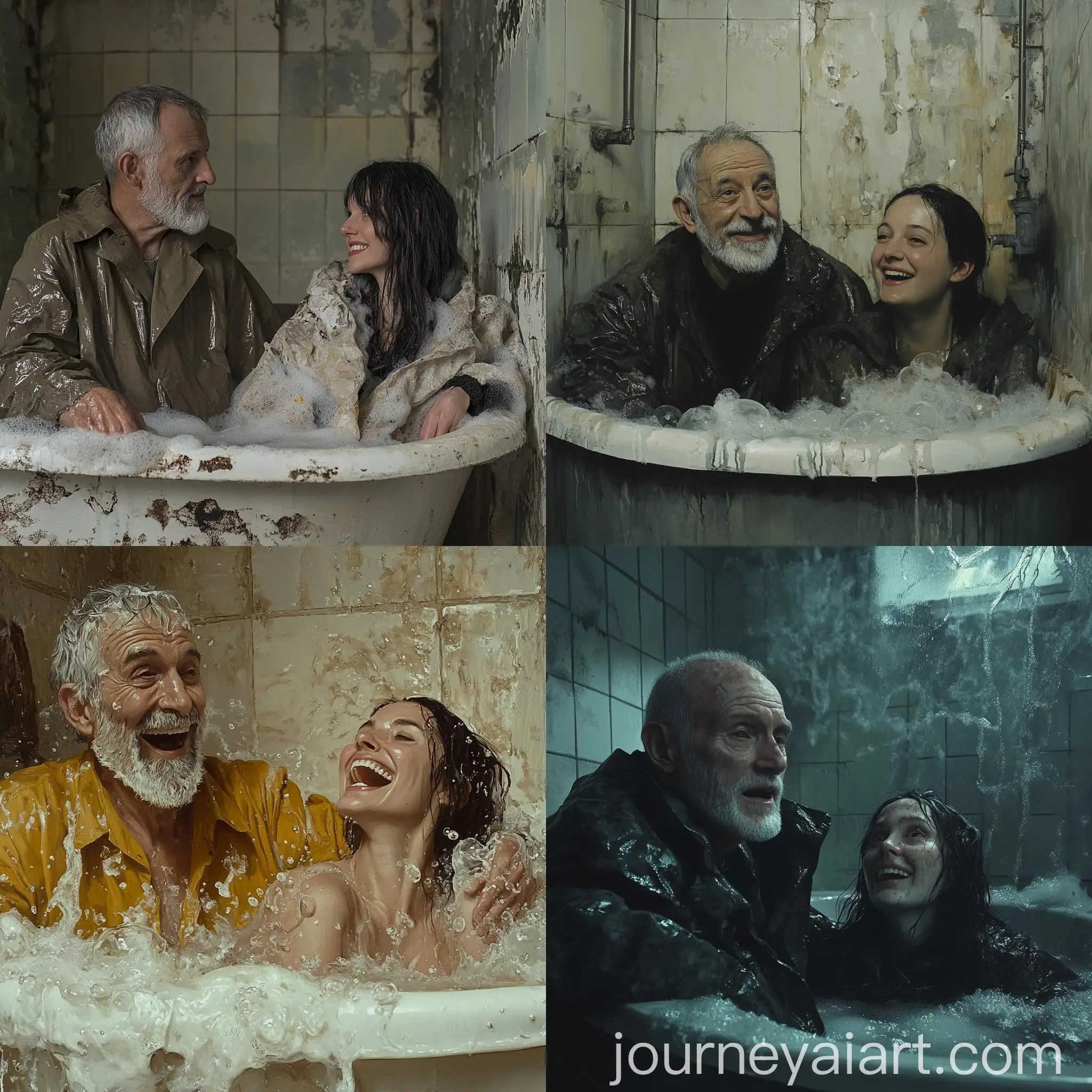 Elderly-Man-and-Woman-in-Decayed-Bathroom-with-Soap-Bubbles