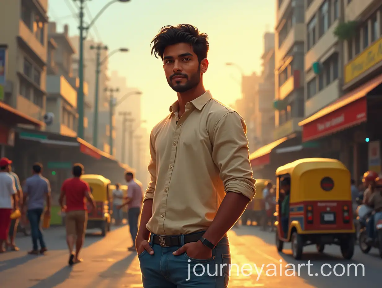 Young-Indian-Man-in-Casual-Kurta-Amidst-Bustling-Mumbai-Street-Scene