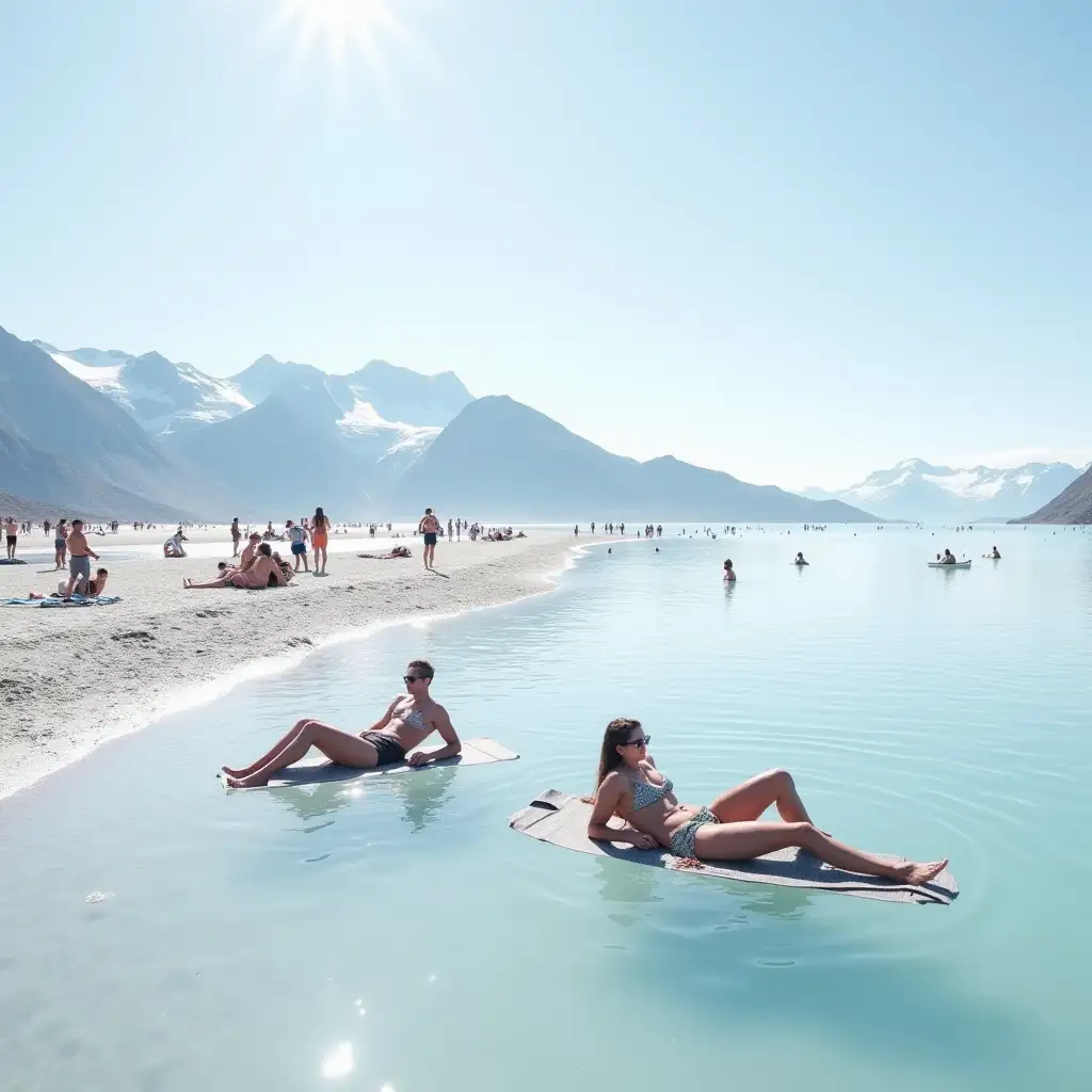 Sunbathing People on a Glacier Beach in Greenland