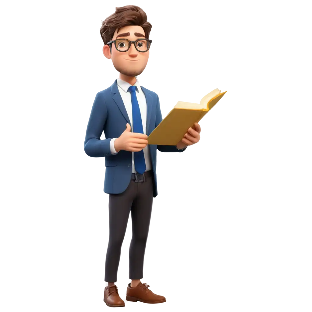 University-Student-Holding-a-Book-Animated-Illustration-PNG-of-Handsome-White-Man-with-Glasses-and-Blue-Tie