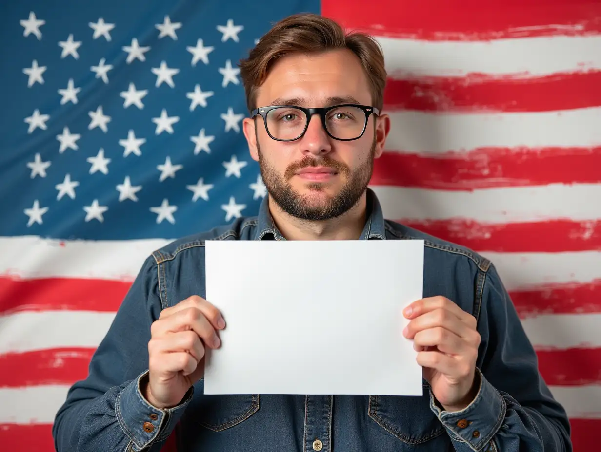 Vertical photo collage of serious guy hold usa flag paper sheet check mark nation democracy election vote isolated on painted background